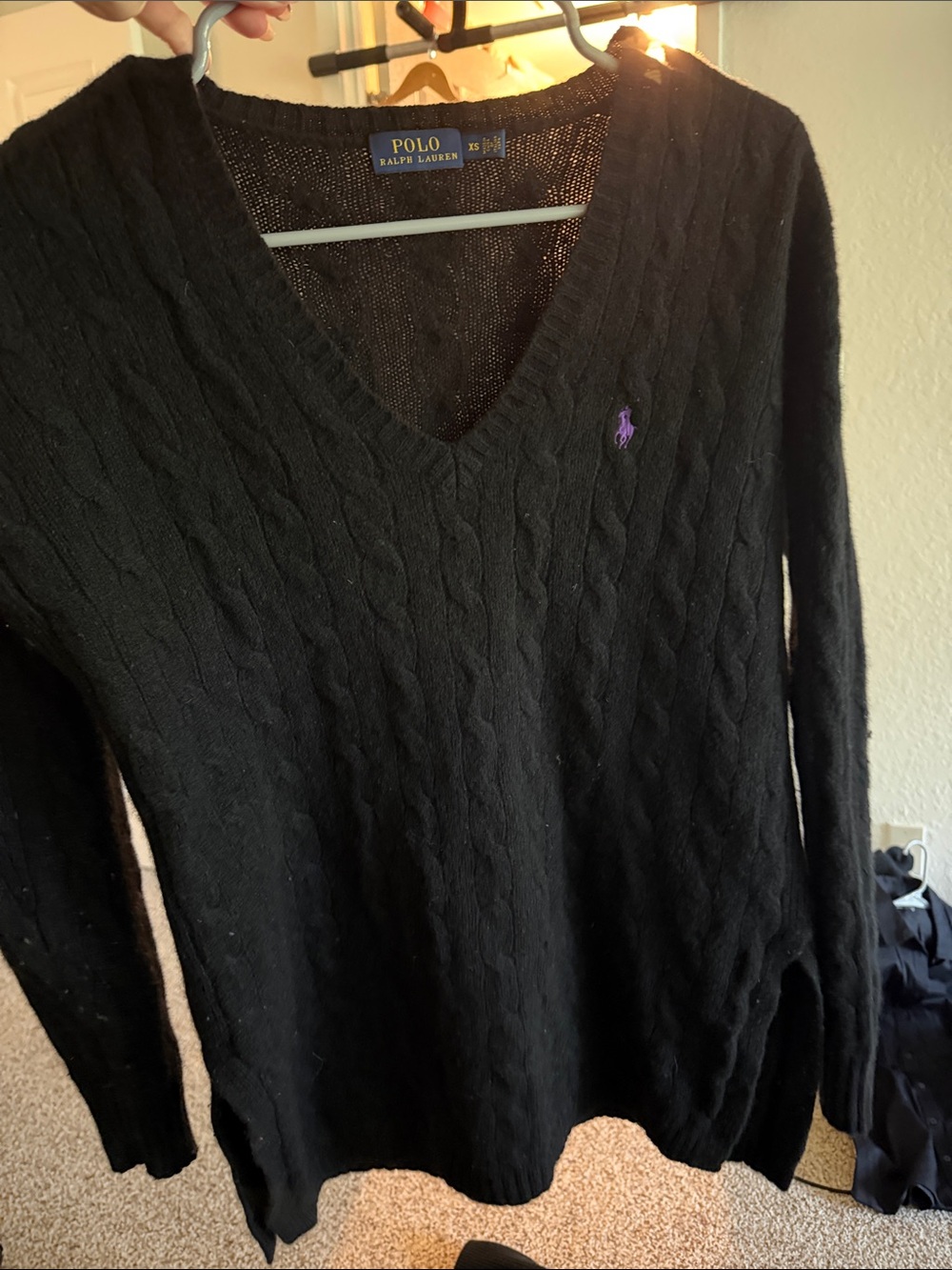 Polo by Ralph Lauren Black V-Neck Cable Knit Sweater with Purple Pony